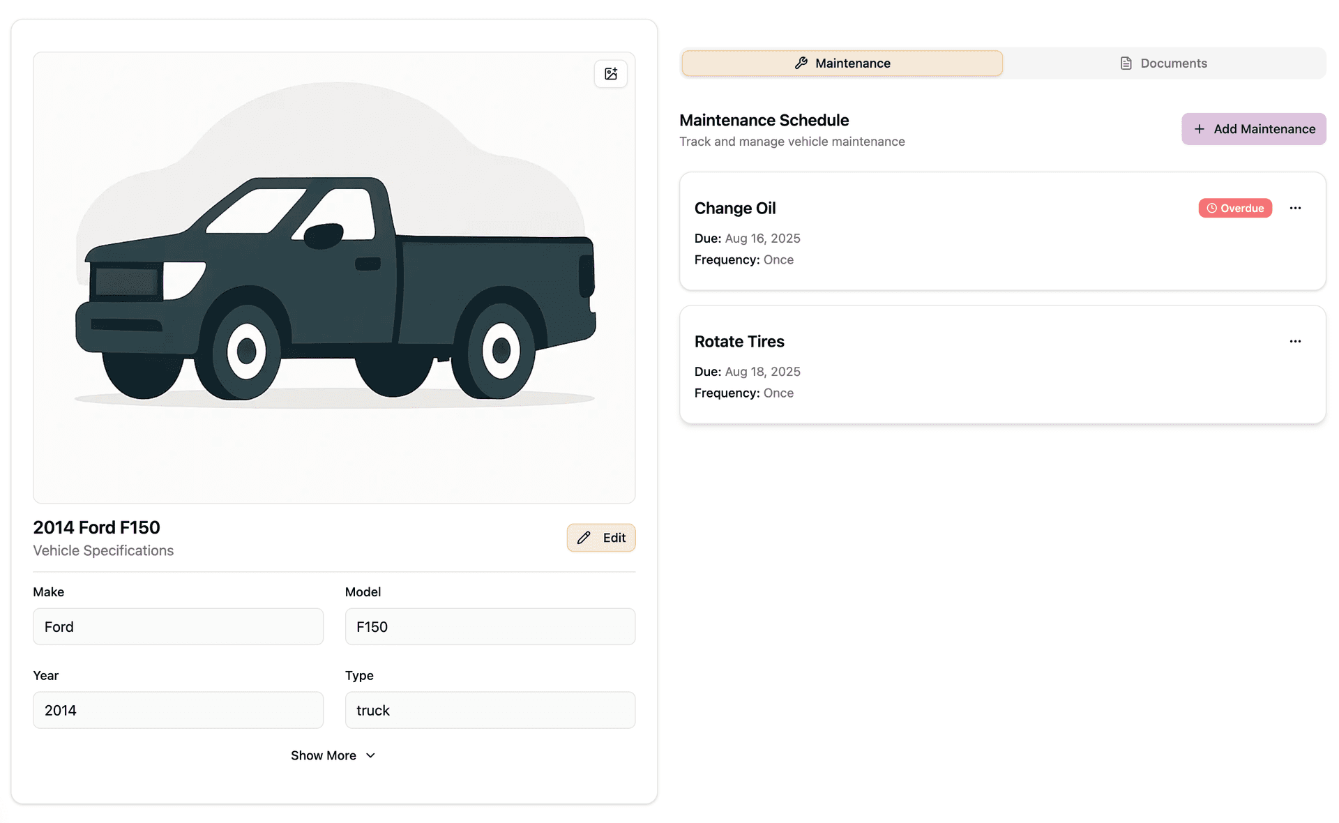 Maintenance Scheduling Screenshot